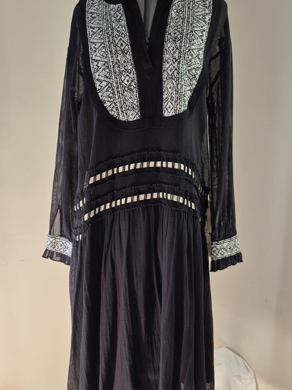 Zara Black Maxi Dress with White Embroidered Yoke